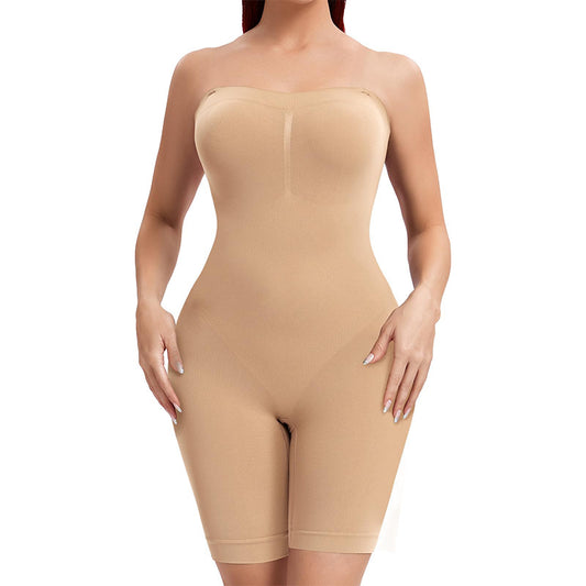 Black Strapless Full Body Shaper Bodysuit | Seamless Tummy Control Mid-Thigh Shapewear for Women