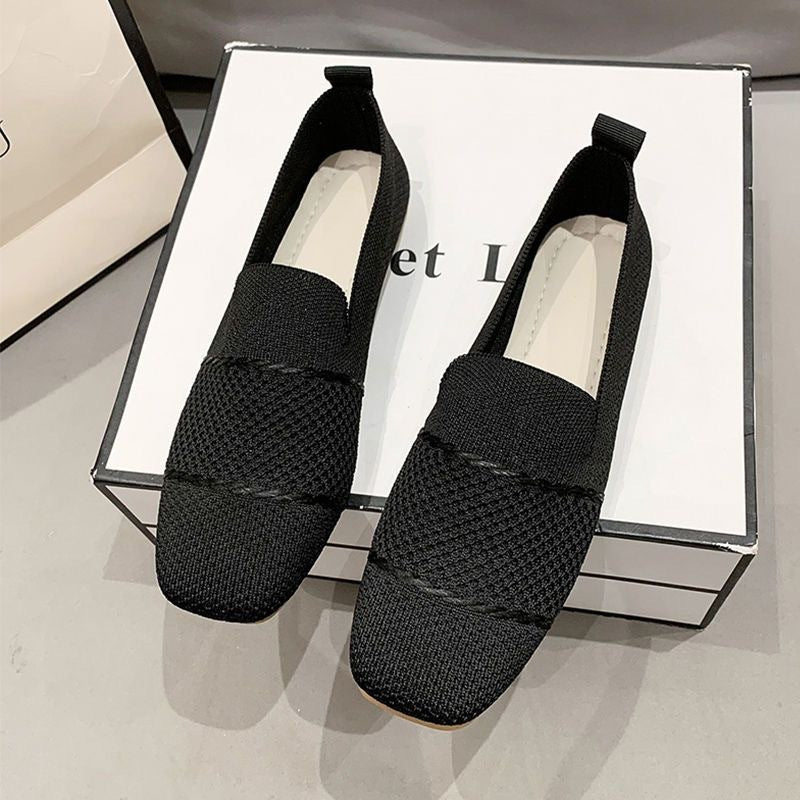Khaki Knit Mesh Loafer Flats for Women | Breathable Slip-On Square Toe Knitted Flat Shoes | Casual Lightweight Everyday Loafers | Minimalist Woven Flat Shoes