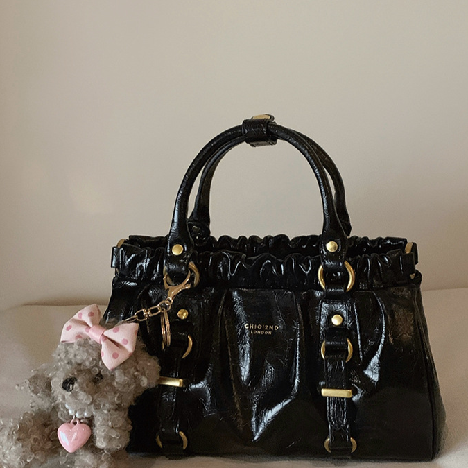 CHIO 2ND LONDON Black Patent Leather Ruched Satchel Bag - Gold Hardware Crossbody Handbag with Teddy Bear Charm | Women's Luxury Style Purse