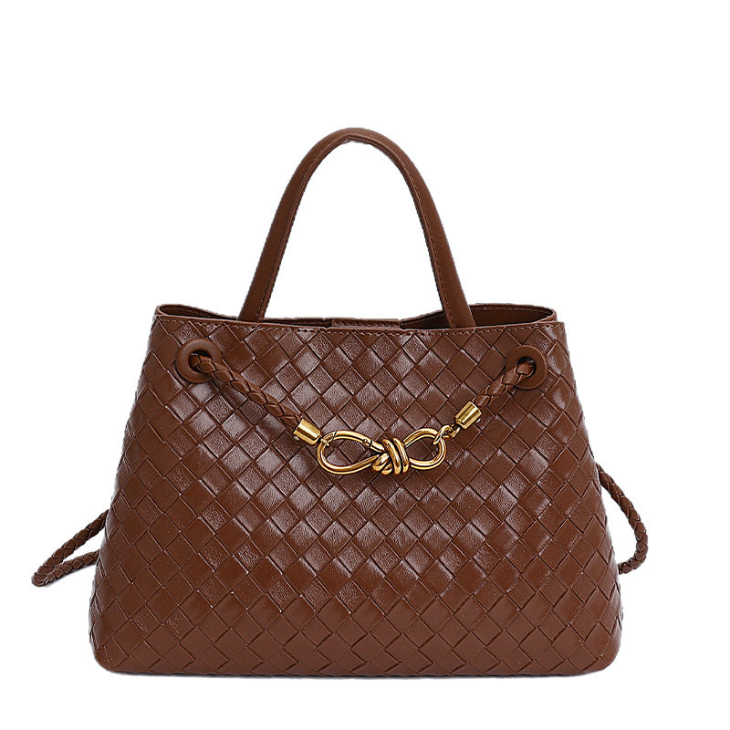 Black Woven Leather Handbag with Gold Knot Hardware | Intrecciato Style Tote Bag