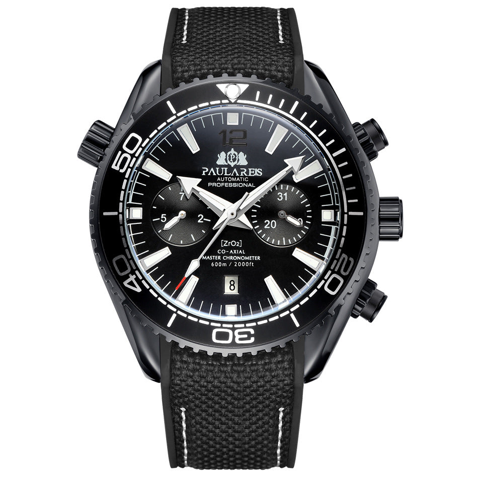 Paulareis Automatic Professional Diver Chronograph Watch | ZrO2 Co-Axial Master Chronometer 600m | Black & Orange Rubber Strap Men's Watch
