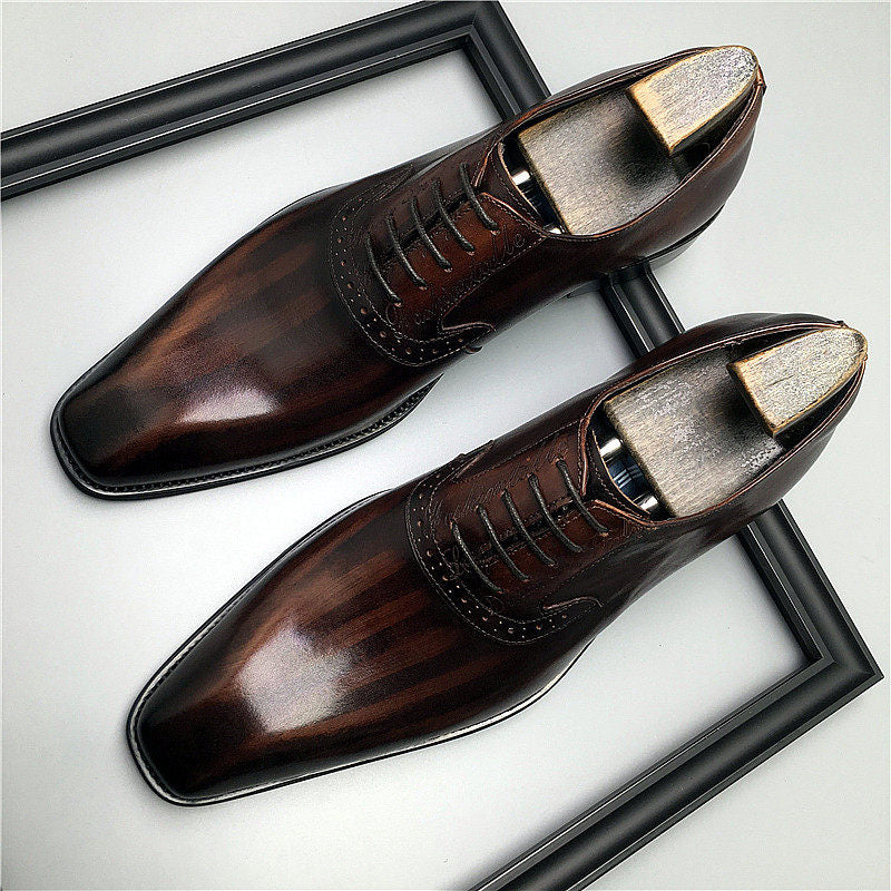 Men's Dark Burgundy Brown Burnished Brogue Oxford Dress Shoes | Luxury Square Toe Leather Lace-Up Formal Shoes