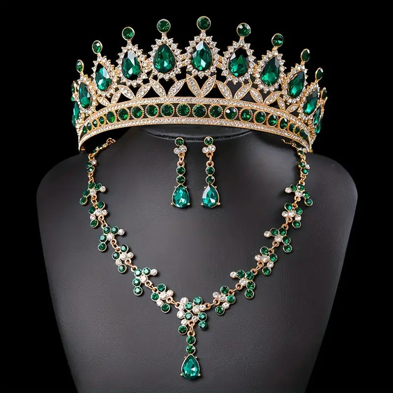 Bridal Crown Jewelry Set | Crystal Tiara Necklace & Earrings | Wedding Queen Accessories