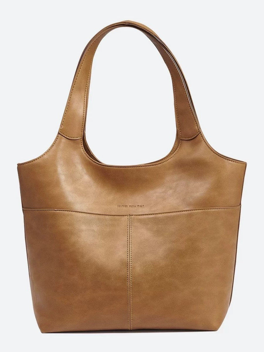 Tan Leather Tote Bag with Embossed Logo | Camel Brown Shoulder Bag