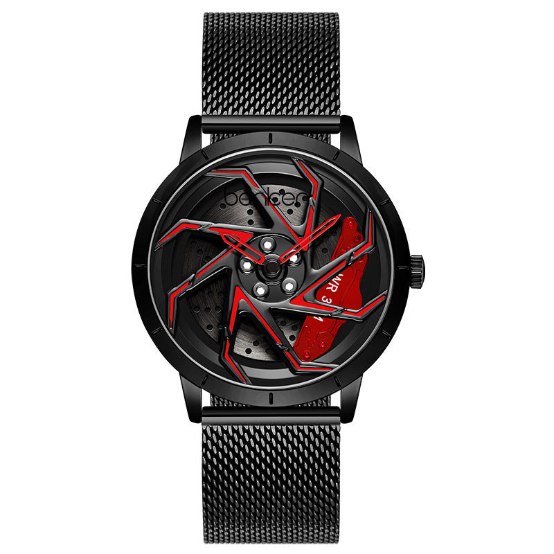 Bodeer Spinning Rim Watch Men | 3D Red Turbine Wheel Dial | Silver Stainless Steel Bracelet | Racing Car Enthusiast Watch