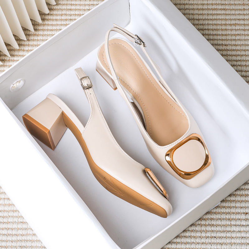 Cream Square Toe Gold Metal Buckle Pumps Women Slip On Mid Heel Elegant Office Party Dress Shoes