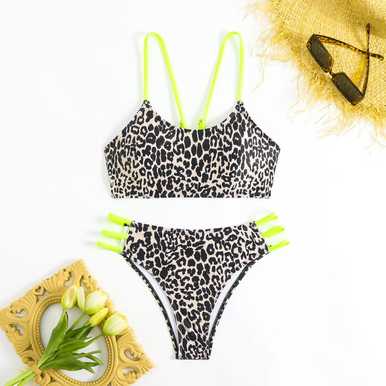 Leopard Print Neon Pink Strap Bikini Set, Crop Top & Triple Strap Cheeky Bottom, Women Animal Print Color Block Swimwear, Bold Beach Swimsuit, Black Tan Hot Pink Two Piece Bathing Suit