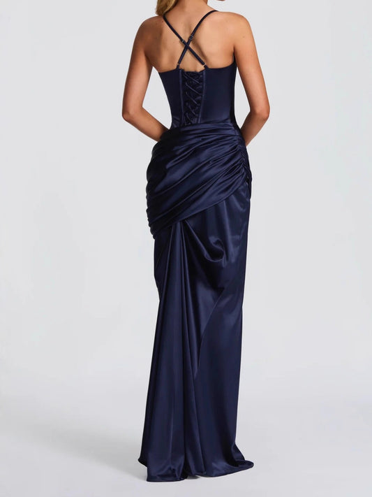 Damen marineblaues Satin-Meerjungfrauen-Maxikleid | gerafftes Detail | Spaghettiträger | formelles Abendkleid