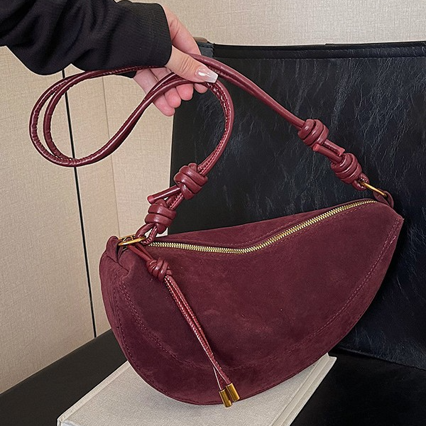 Black Suede Crescent Shoulder Bag | Knotted Strap Half Moon Hobo Bag with Gold Hardware & Charm