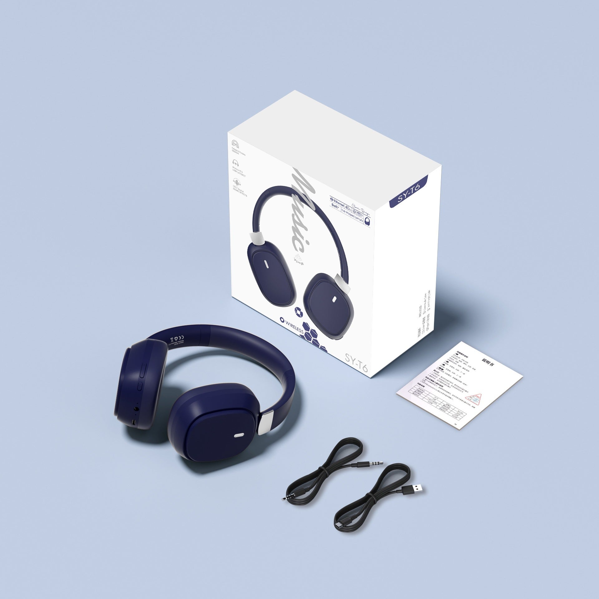 Wireless Bluetooth Over-Ear Headphones 6D Immersive Stereo Sound Foldable On-Ear Headset with Wired Mode USB Charging Cable Mic for Music Gaming Travel School - SY-T4