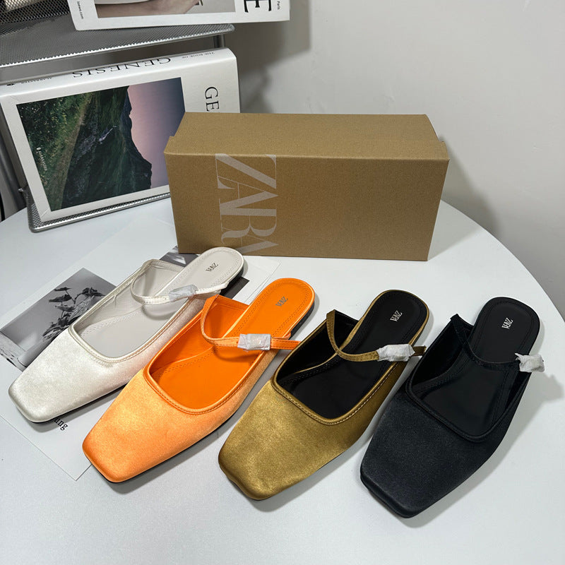 Zara Satin Square Toe Mule Flats | Black White Gold Orange Slip-On Flat Shoes for Women