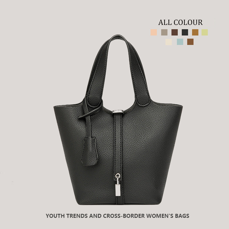 Taupe Pebbled Leather Tote Bag - Structured Bucket Bag with Lock Charm | Women's Everyday Shoulder Bag in Multiple Colors