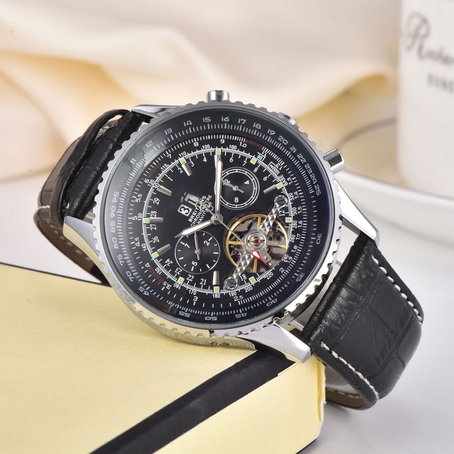 Men's Automatic Tourbillon Watch | Blue Dial Chronograph Stainless Steel Aviation Pilot Watch