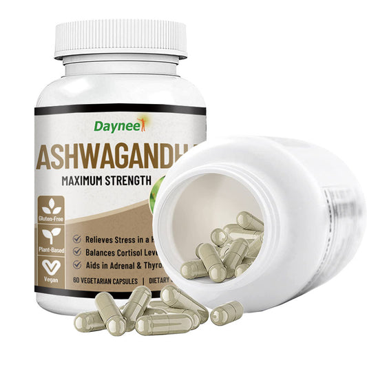 Daynee Ashwagandha Capsule Massima Potenza | Sollievo dallo stress, Equilibrio del cortisolo e Supporto surrenale e tiroideo | 60 capsule vegane