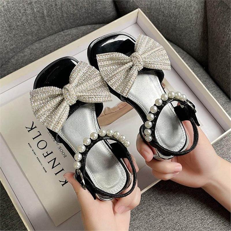 Red Patent Crystal Rhinestone Bow Pearl Strap Sandals for Girls | Diamond Bow Pearl Ankle Strap Kids Dress Sandals | Luxury Princess Party Wedding Sandals | Elegant Little Girl Formal Shoes