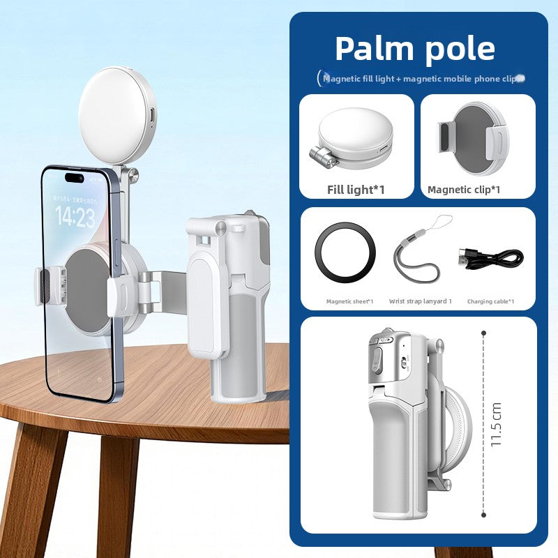 Palm Pole Magnetic Selfie Stick with Fill Light - Foldable Pocket Stabilizer for iPhone & Android | Vlogging, TikTok, Live Streaming