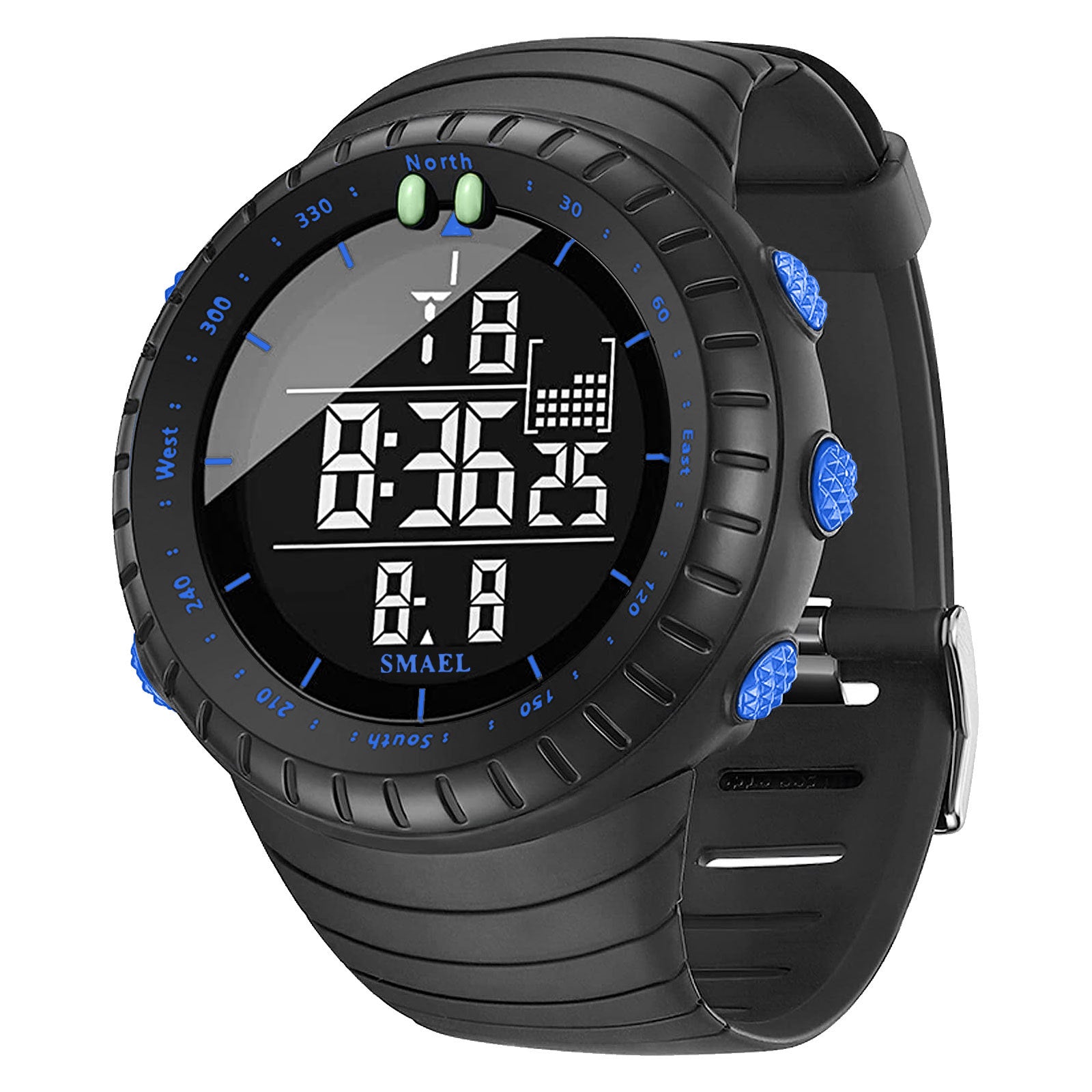 SMAEL Men's Digital Sport Watch | Compass Bezel Black Orange | Military Tactical LED Outdoor Watch with Calendar & Alarm