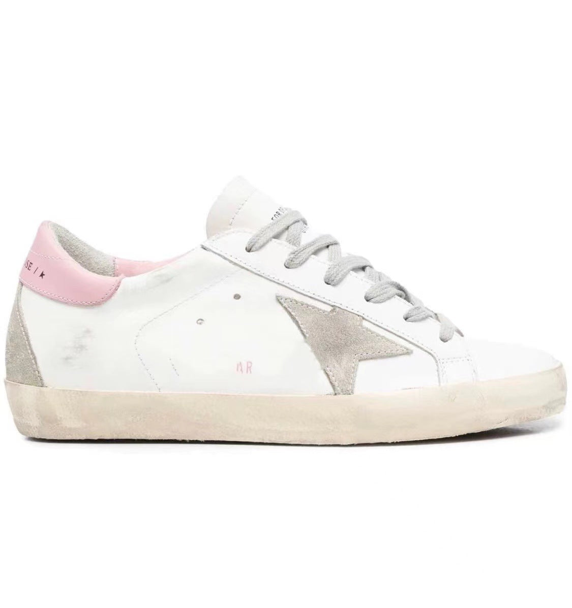Women's White Distressed Star Patch Low Top Sneakers ? Vintage Worn Look Leather Style Lace-Up Shoes