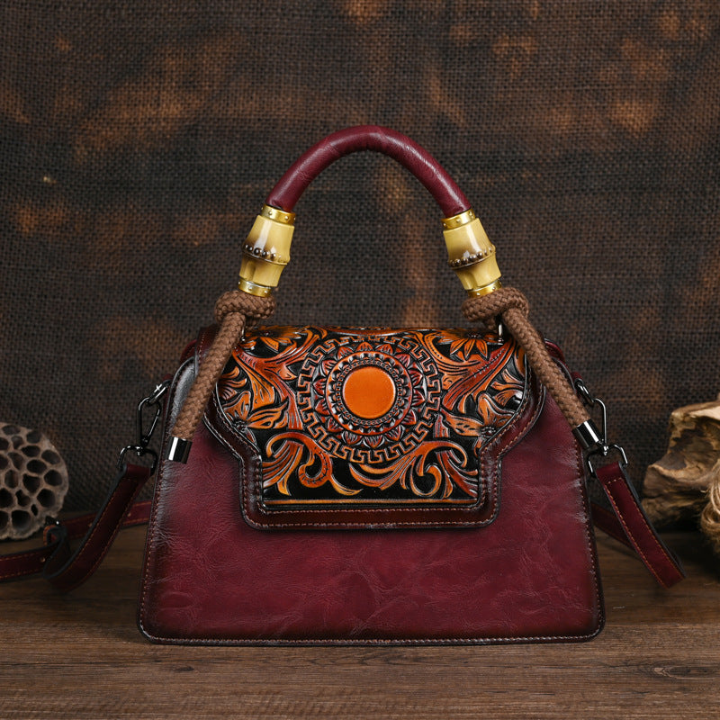 Black Leather Handbag with Tooled Design - Artisan Embossed Shoulder Bag with Braided Handle | Bohemian Ethnic Satchel