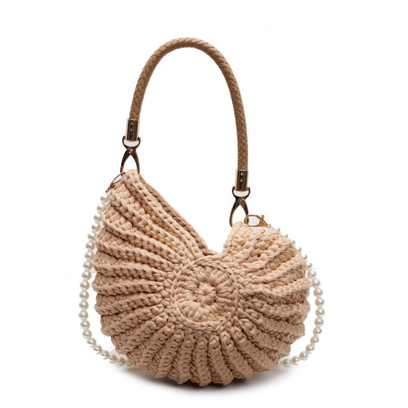White Crochet Shell Bag | Pearl Chain Strap Handbag Woven Shoulder Purse for Women