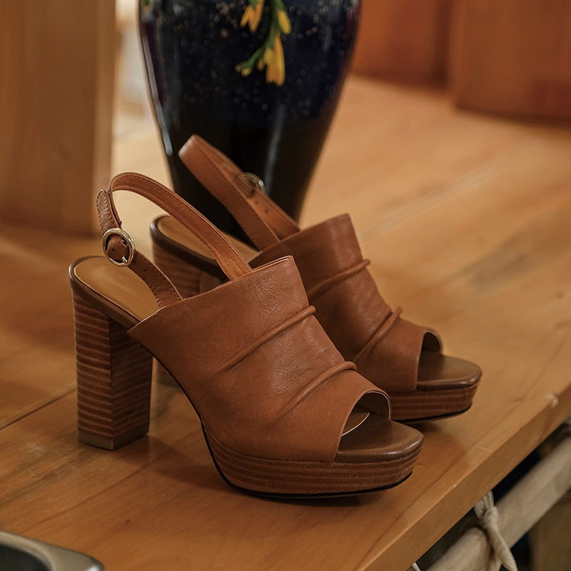 Black Leather Peep Toe Platform Slingback Heels | Women's Ruched Ankle Strap Stacked Wood Chunky Heel Sandals | Retro Boho Heels