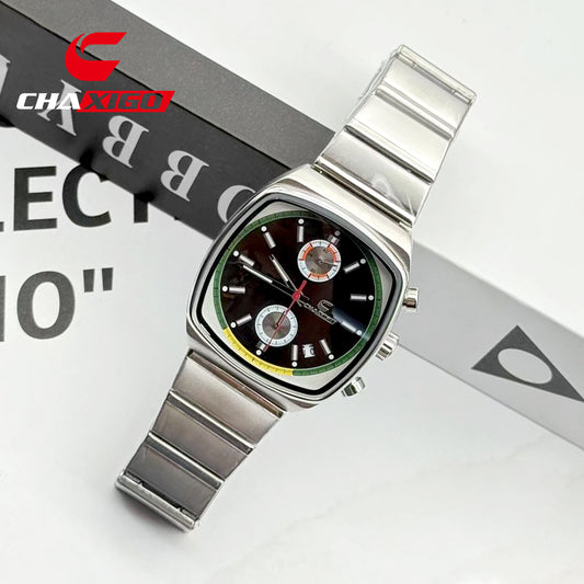 HANIGOI Retro Cushion Chronograph Men's Watch | White Dial Multicolour Bezel Red Seconds Silver Steel Bracelet Date Watch