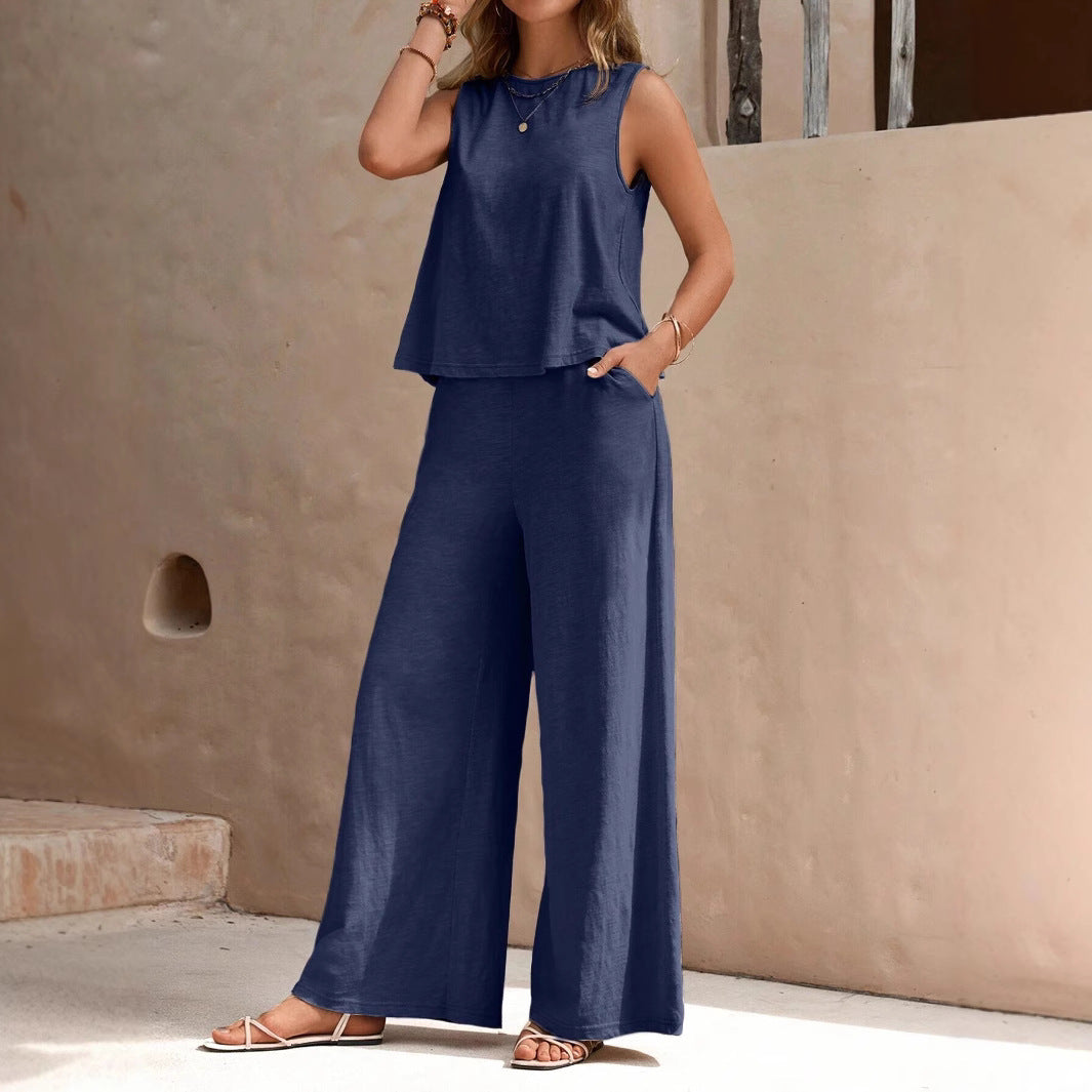 Women's 2-Piece Sleeveless Top & Wide Leg Pants Set | Linen Style Casual Summer Co-ord Outfit | Multiple Colors