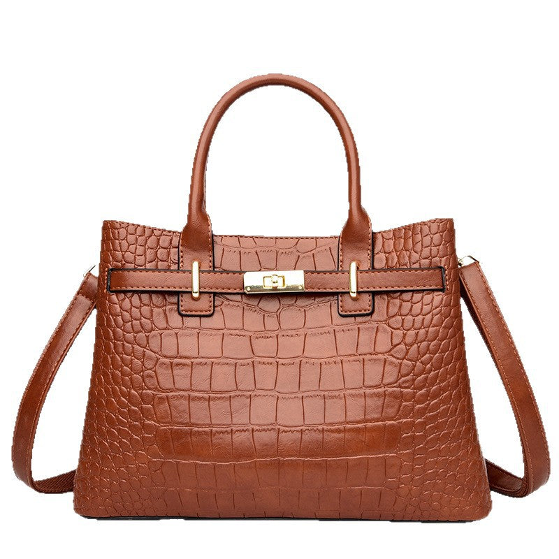 Black Crocodile Embossed Leather Tote Bag Gold Turn Lock Top Handle Crossbody Strap | Women Luxury Birkin Style Structured Handbag Office Shoulder Purse