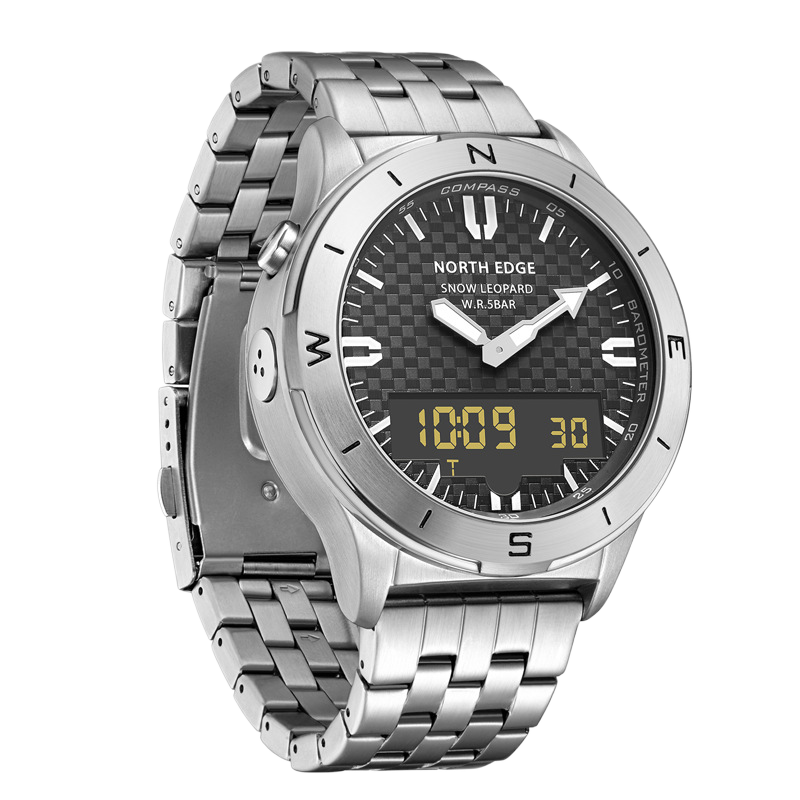 NORTH EDGE Snow Leopard Men's Watch | Compass Altimeter Barometer Ana-Digi Carbon Dial Silver Steel Bracelet 5BAR Watch