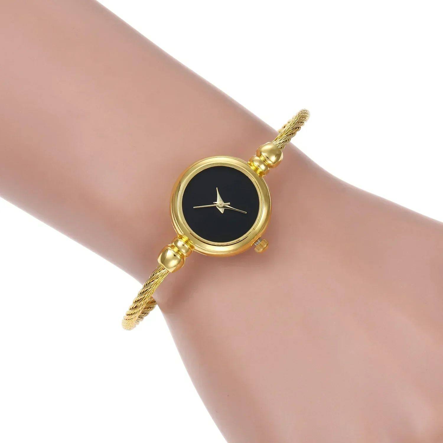 Gold Bangle Cuff Watch Women | Twisted Wire Open Bracelet | Black & White Dial Options | Dainty Minimalist Jewelry Watch