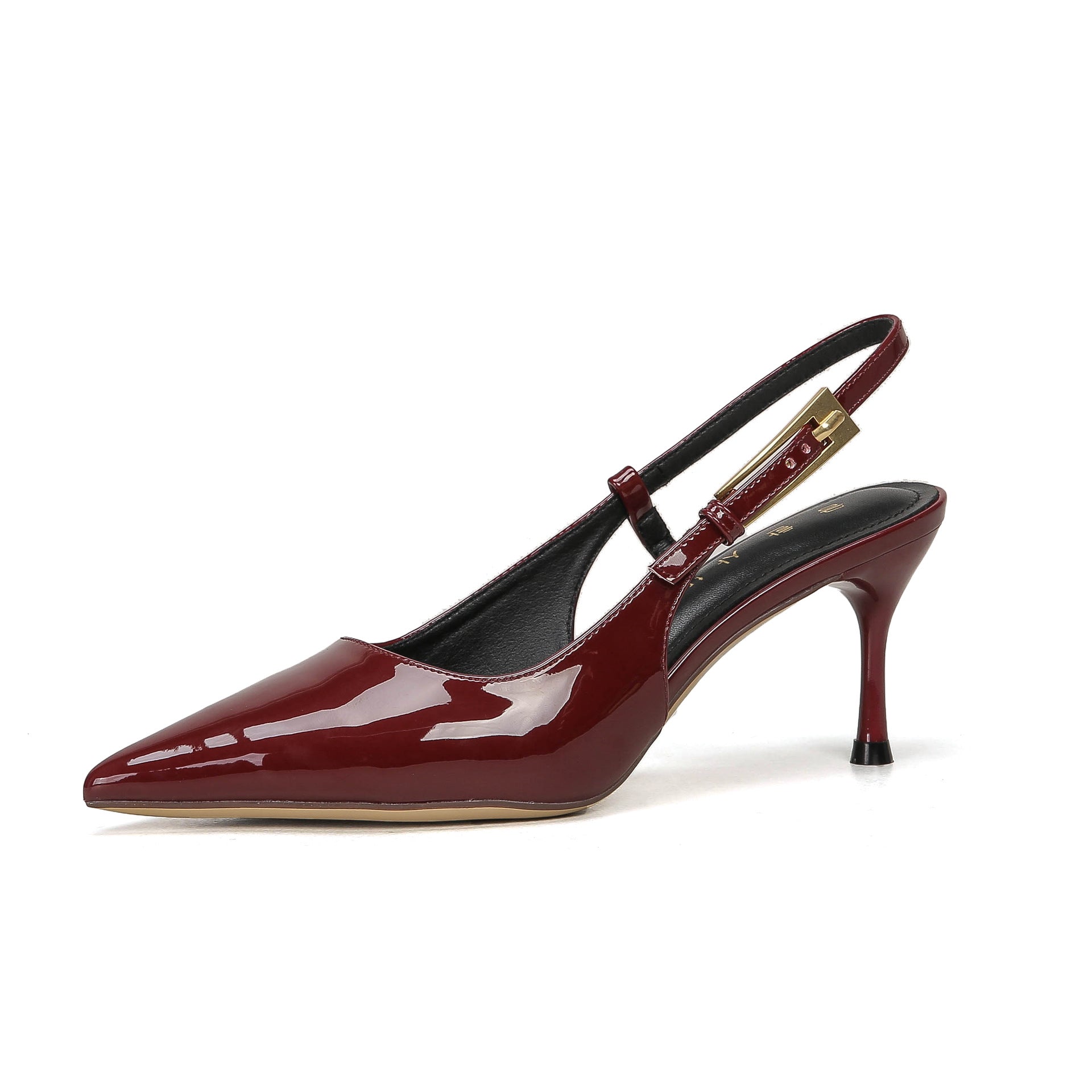 Burgundy Wine Red Patent Leather Gold Buckle Slingback Stiletto Heels | Women's Pointed Toe Luxury Pumps