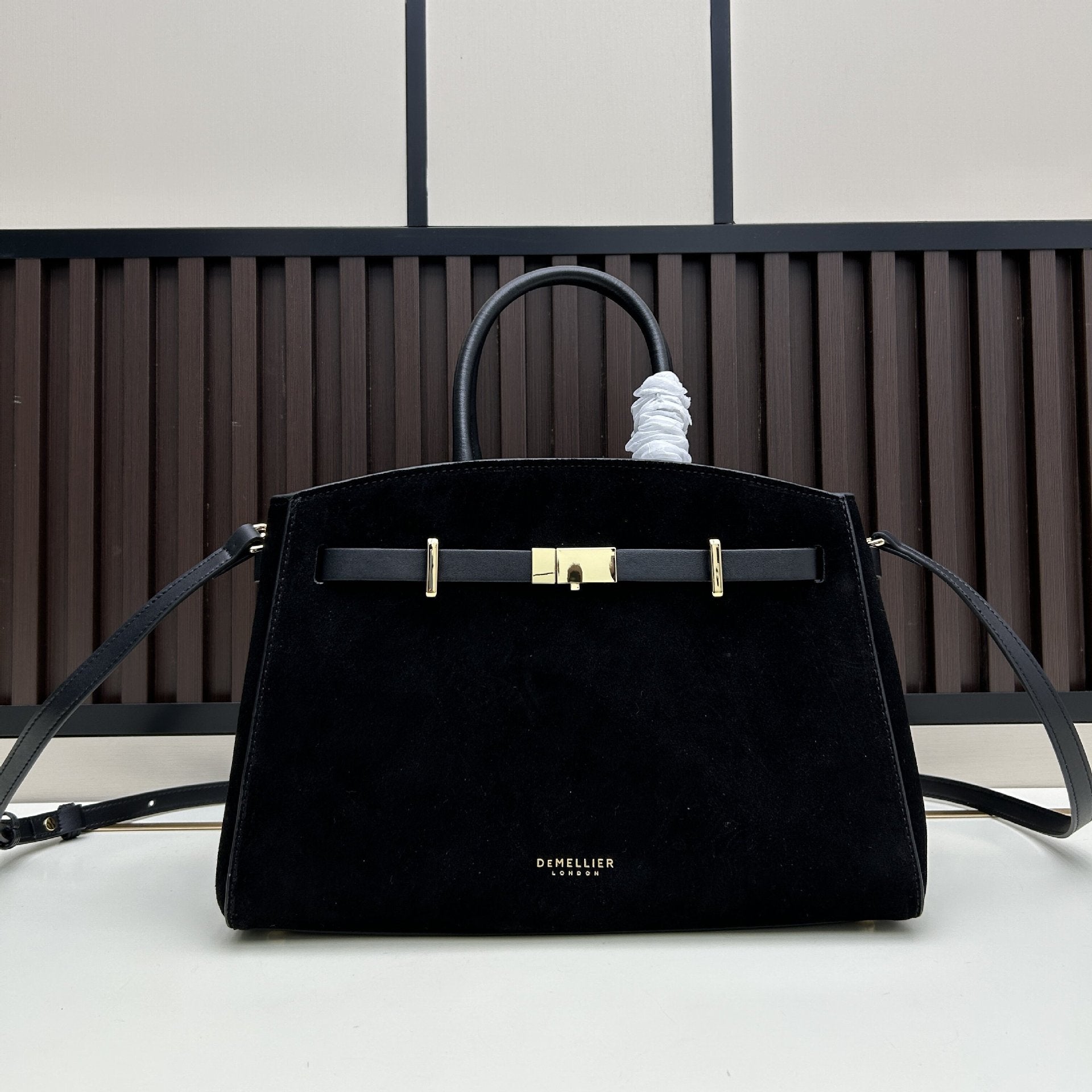 Black Suede Handbag with Gold Lock Hardware | Luxury Structured Tote Bag - DeMellier