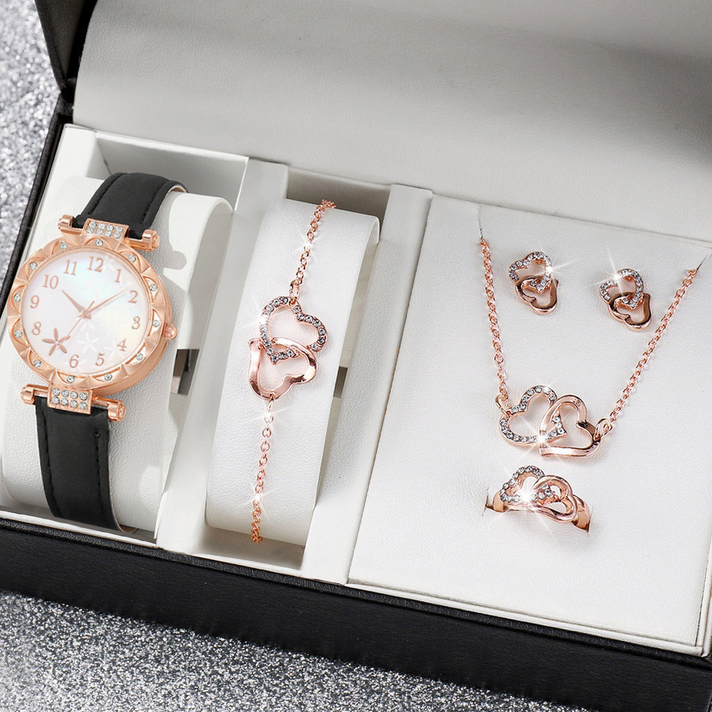 Women's Rose Gold Diamond Watch & Pearl Jewellery Gift Set | 6 Piece White Leather Strap Watch Necklace Earring Bracelet Ring Set
