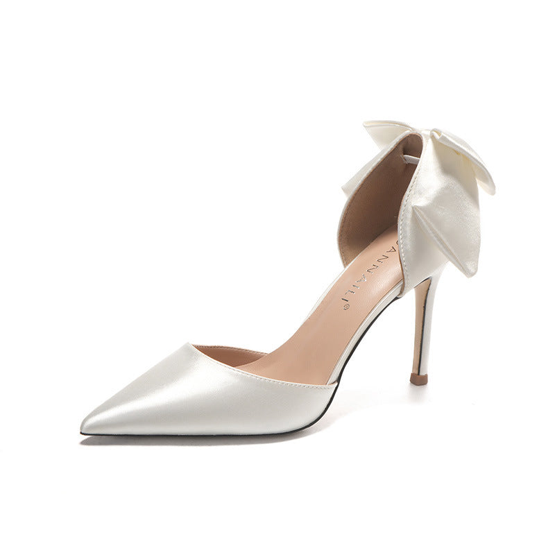 Ivory White Satin Bow Back Stiletto Heels for Women | Oversized Bow D'Orsay Pointed Toe Pumps | Elegant Bridal Wedding Bow Heels | Luxury Satin Back Bow High Heel Shoes