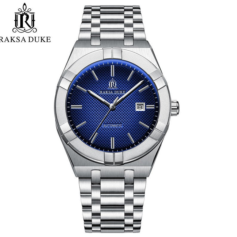 RAKSA DUKE Men's Automatic Watch | Black Textured Dial | Brushed Stainless Steel Bracelet | Self-Winding Mechanical Dress Watch with Date