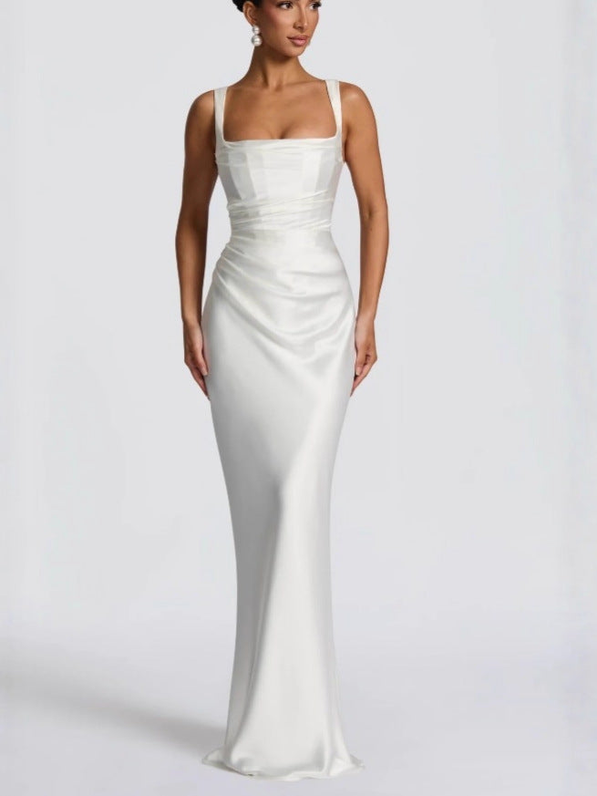 Women's Navy Blue Satin Maxi Dress | Square Neck Ruched Bodycon Formal Gown with Gloves | Elegant Evening Prom Wedding Dress
