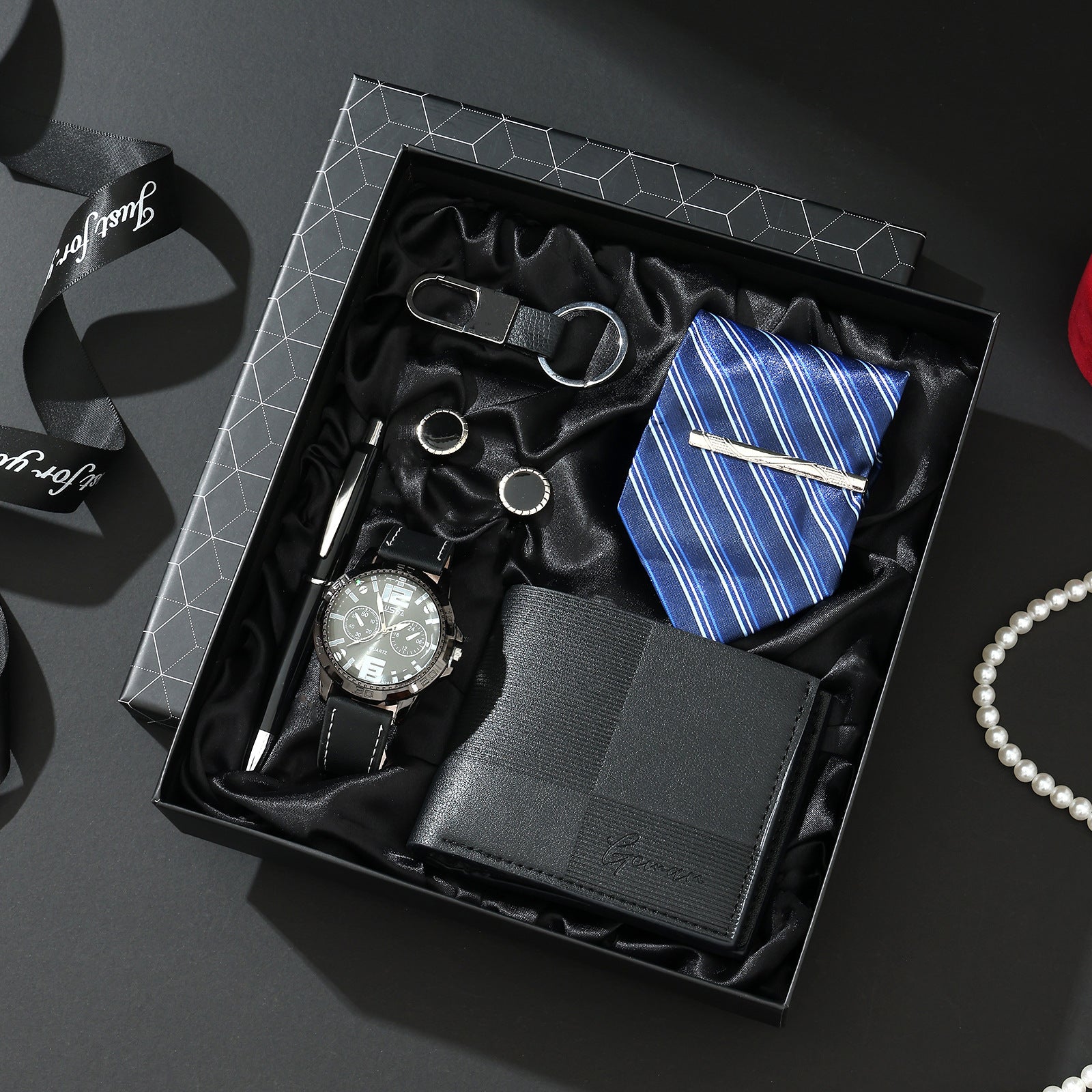 Geman Men's Luxury Gift Set – 6-Piece Black Leather Belt, Wallet, Watch, Bracelet, Keychain & Pen Box Set | Premium Men's Gift