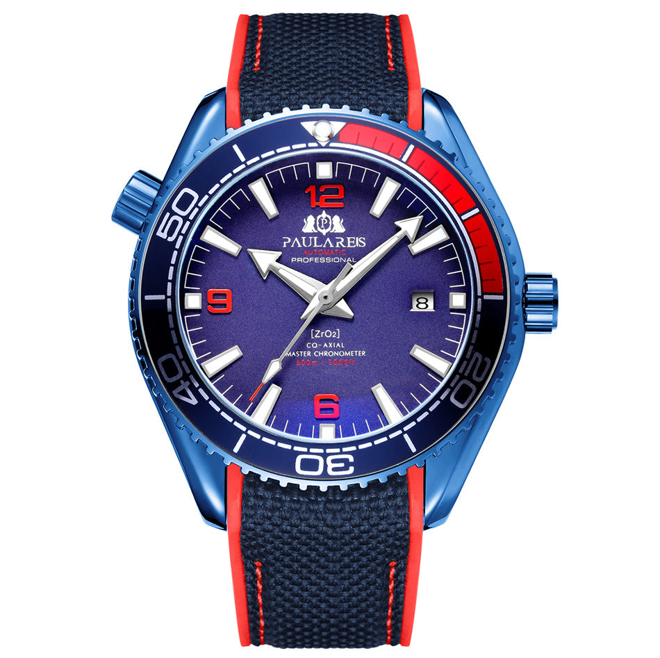 Paulares Professional Herren-Taucheruhr | Cremefarbenes Zifferblatt, orangefarbene Lünette, graues NATO-Nylonarmband, Meisterchronometer, Sportuhr
