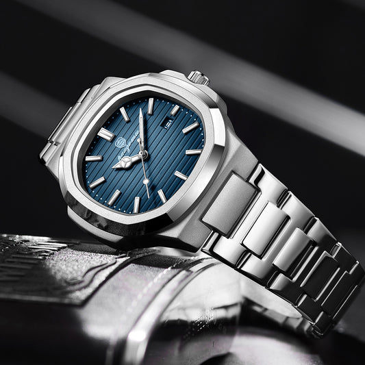 PAAZOMU Men's Luxury Sport Watch | Teal Green Striped Dial | Nautilus Style Integrated Stainless Steel Bracelet | Date Window Dress Watch