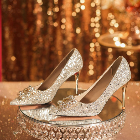 Gold Glitter Stiletto Heels | Crystal Rhinestone Buckle Pointed Toe Pumps | Wedding & Evening Party Shoes for Women