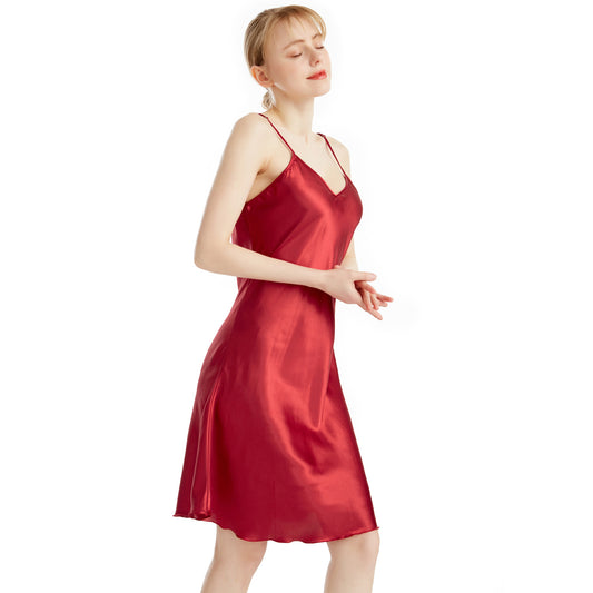 Women's Wine Red Satin V Neck Midi Slip Nightgown Elegant Sleeveless A-Line Sleep Dress Chemise Luxury Sleepwear