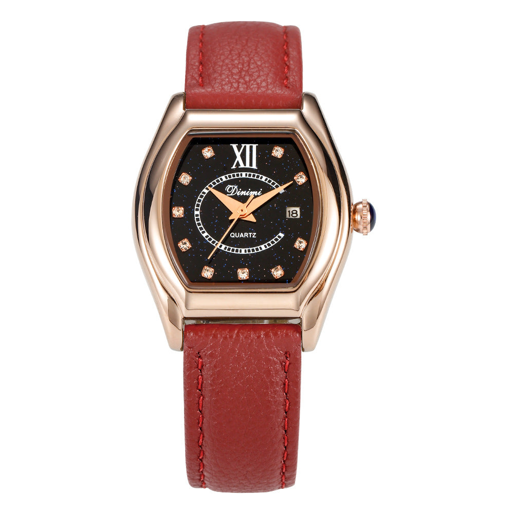 Dinimi Tonneau Watch Women | Black Starry Crystal Dial | CZ Diamond Markers Roman Numeral | Silver Case Black Leather Date Watch