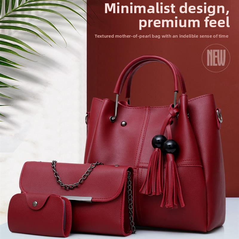 Black Leather Handbag Set 3-Piece with Tote, Chain Bag & Wallet | Women's Bag Collection