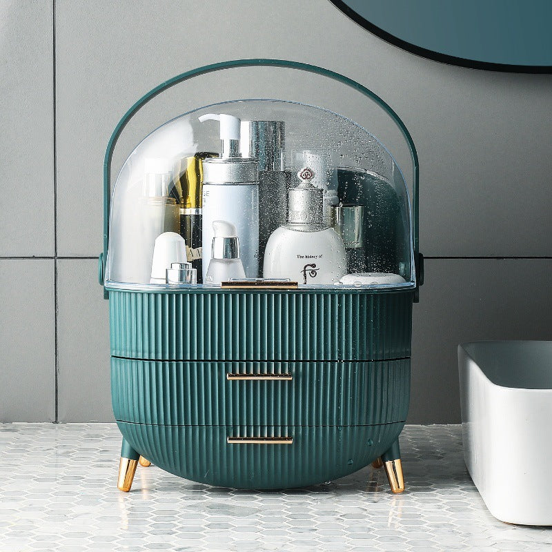 Luxury Makeup Organizer with Clear Lid and Drawers | Portable Cosmetic Storage Box with Handle and Gold Accents | Vanity Skincare Organizer