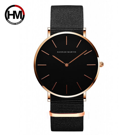 Hannah Martin Minimalist Watch | Black Dial Leather Strap | Ultra Thin Silver Case | Unisex Quartz Dress Watch
