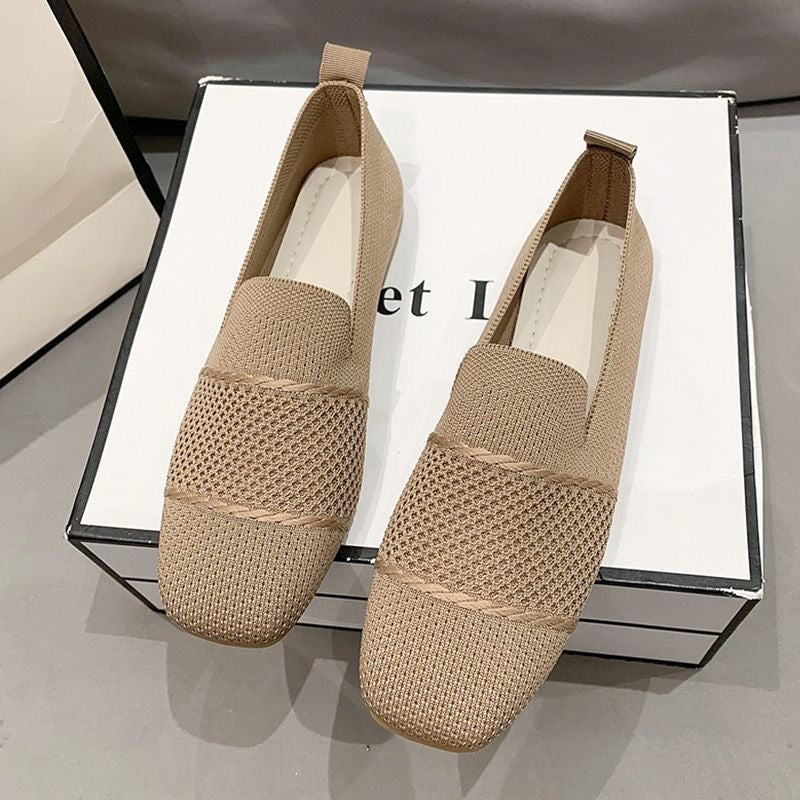 Khaki Knit Mesh Loafer Flats for Women | Breathable Slip-On Square Toe Knitted Flat Shoes | Casual Lightweight Everyday Loafers | Minimalist Woven Flat Shoes
