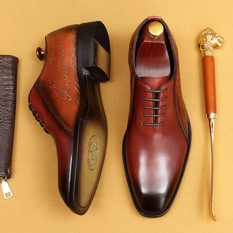 Men's Two-Tone Navy Blue & Burgundy Leather Oxford Dress Shoes | Script Embossed Lace-Up Formal Shoes