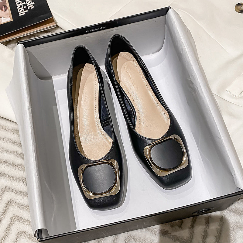 Cream Square Toe Gold Metal Buckle Pumps Women Slip On Mid Heel Elegant Office Party Dress Shoes