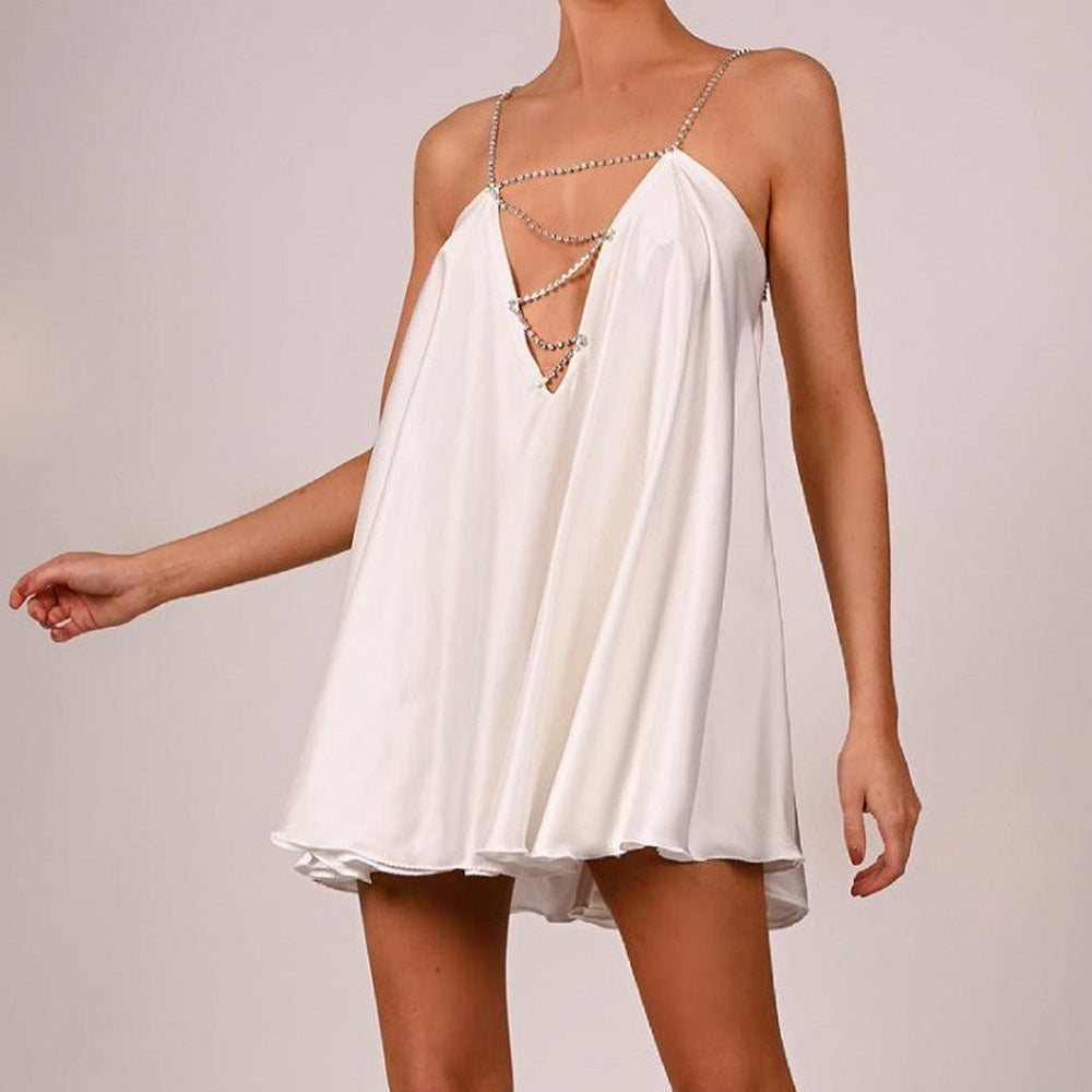 Satin Rhinestone Chain Strap Slip Dress | Crystal Strappy Babydoll Nightgown | Luxury Lingerie