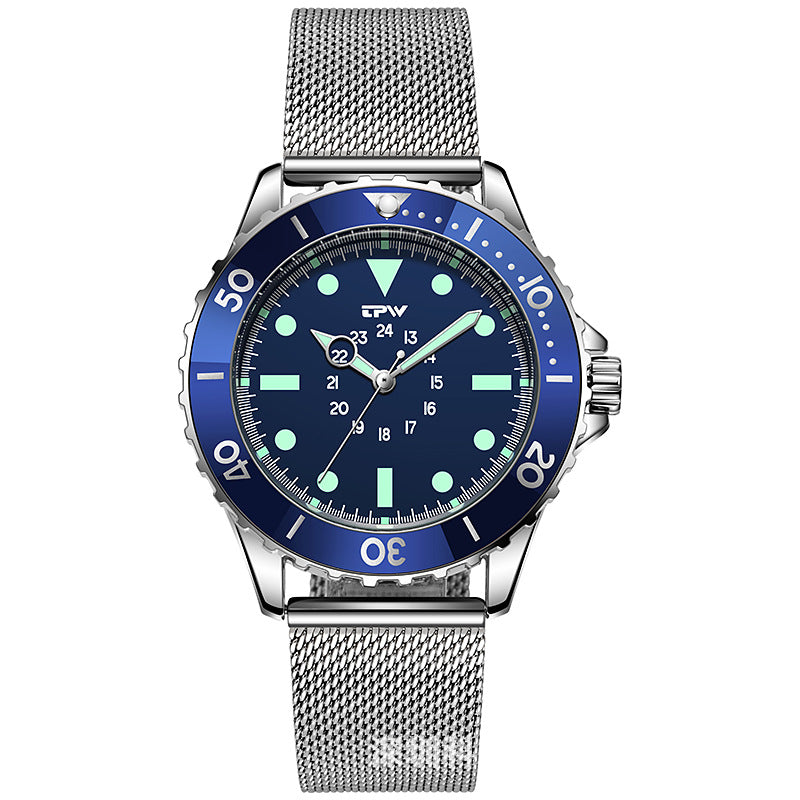 TPW Black Diver Style Watch Men | Luminous Dial Rotating Bezel Silicone Strap Sport Quartz Watch